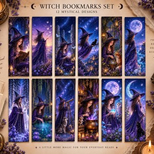 May include: A set of 12 rectangular bookmarks featuring illustrations of witches in purple robes and hats. The designs include scenes with moons, stars, animals, and magical elements. The text reads WITCH BOOKMARKS SET, 12 MYSTICAL DESIGNS, Magic Looks Good Between Pages, PRINT READ DREAM REPEAT, Between worlds we find ourselves, and A LITTLE MORE MAGIC FOR YOUR EVERYDAY READS.