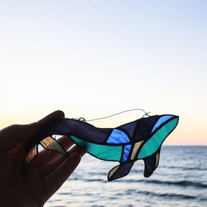 Stained Glass Whale Ornament Sun Catcher Blue Whale Glass Ornament Mother’s Day Ocean Decor Beach Decor Whale Stained Glass Fish Suncatcher