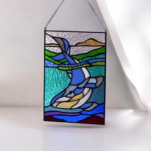 Blue Whale Stained Glass Window Panel Whale With Baby Window Hanging Whale Suncatcher Stained Glass Panel Whale Suncatcher Ocean Wall Art
