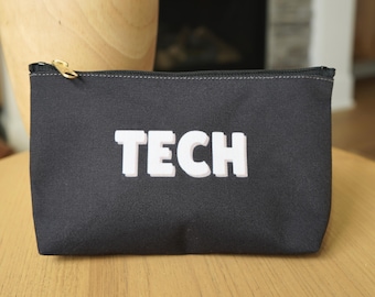 Black Zipper Pouch with TECH Print Tech Accessories Travel Pouch Airplane Gadget Organizer Bag Tech Storage Pouch for Cords & Chargers