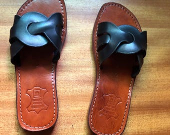 Handmade Black Leather Babouche Mules, Moroccan Slide Sandals
