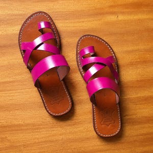 pink leather sandal, hot pink sandals, fuchsia sandals, leather sandals, handmade sandals, moroccan sandal, leather slides, women sandals, flat sandals, open toe sandal, cross strap sandal, boho sandals, summer sandals