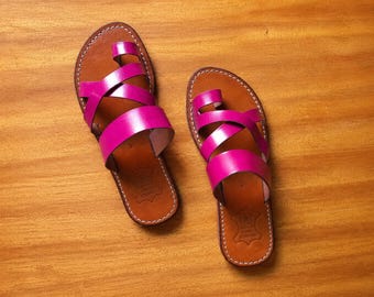 Pink Leather Sandal, Hot Pink Moroccan Sandal, Handmade Leather Slides, Fuchsia Cross Strap Women Sandals, Boho Summer Sandals