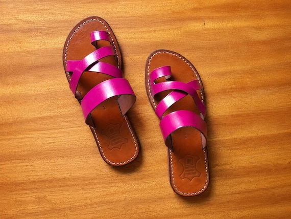 Pink Leather Sandal, Hot Pink Moroccan Sandal, Handmade Leather Slides, Fuchsia Cross Strap Women Sandals, Boho Summer Sandals