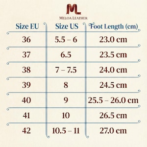 May include: A shoe size chart from Meloa Leather, with EU and US sizes, and foot length in centimeters. Sizes range from EU 36 (US 5.5-6, 23.0 cm) to EU 42 (US 10.5-11, 27.0 cm). The chart is on a cream background.