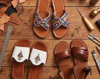 Köp 3-pack lädersandaler för kvinnor, fast set med 3 platta sandaler, sommarsandaler med remmar och dragkedjor, presentpaket för strandsemester
