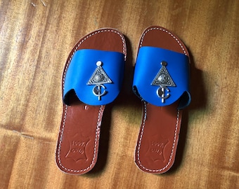 Blue Moroccan Leather Sandals for Women – Handmade Artisan Slides | Genuine Leather Boho Flat Summer Shoes