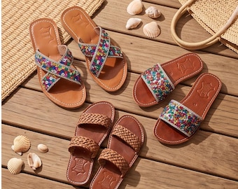 3er-Pack Ledersandalen, festes Set mit 3 Paaren, braune geflochtene und mehrfarbige flache Pantoletten, offene Zehenpartie, perfektes Geschenk für den Sommerurlaub am Strand