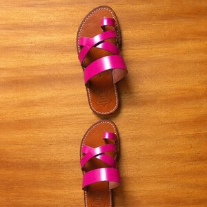 pink leather sandal, hot pink sandals, fuchsia sandals, leather sandals, handmade sandals, moroccan sandal, leather slides, women sandals, flat sandals, open toe sandal, cross strap sandal, boho sandals, summer sandals