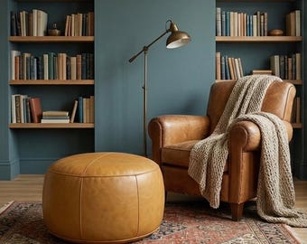 Handmade Tan Leather Round Pouf Ottoman, Boho Floor Foot Stool