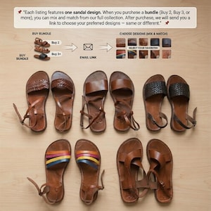 May include: A collection of leather sandals in various designs, including braided and strap styles, displayed on a light wooden surface. Some sandals feature colorful straps. The image includes text about purchasing bundles and choosing designs.