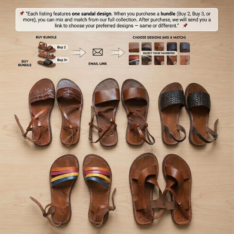 May include: A collection of leather sandals in various designs, including braided and strap styles, displayed on a light wooden surface. Some sandals feature colorful straps. The image includes text about purchasing bundles and choosing designs.