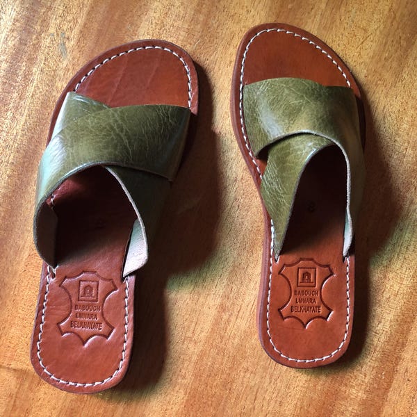 Olive Moroccan Leather Sandals – Handmade Boho Slides, Artisan Mules