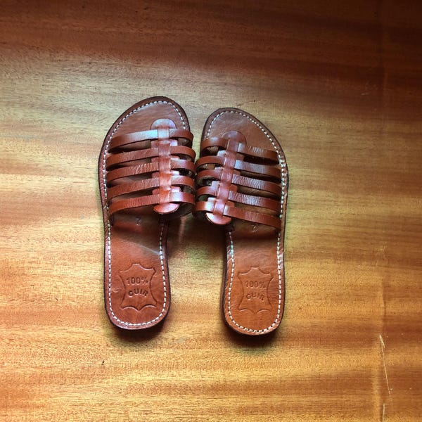Brown Leather Men’s Sandals, Handmade Moroccan Leather Slides, Woven Open Toe Summer Sandals, Artisan Boho Leather Slippers