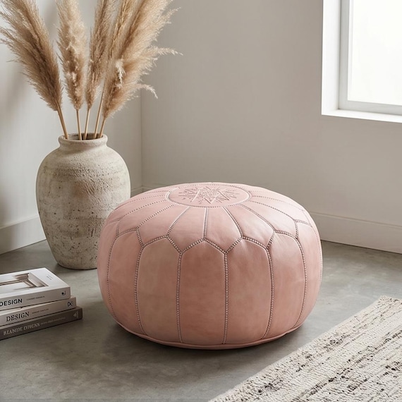 Pink Moroccan Leather Pouf Ottoman, Handmade Round Boho Foot Stool