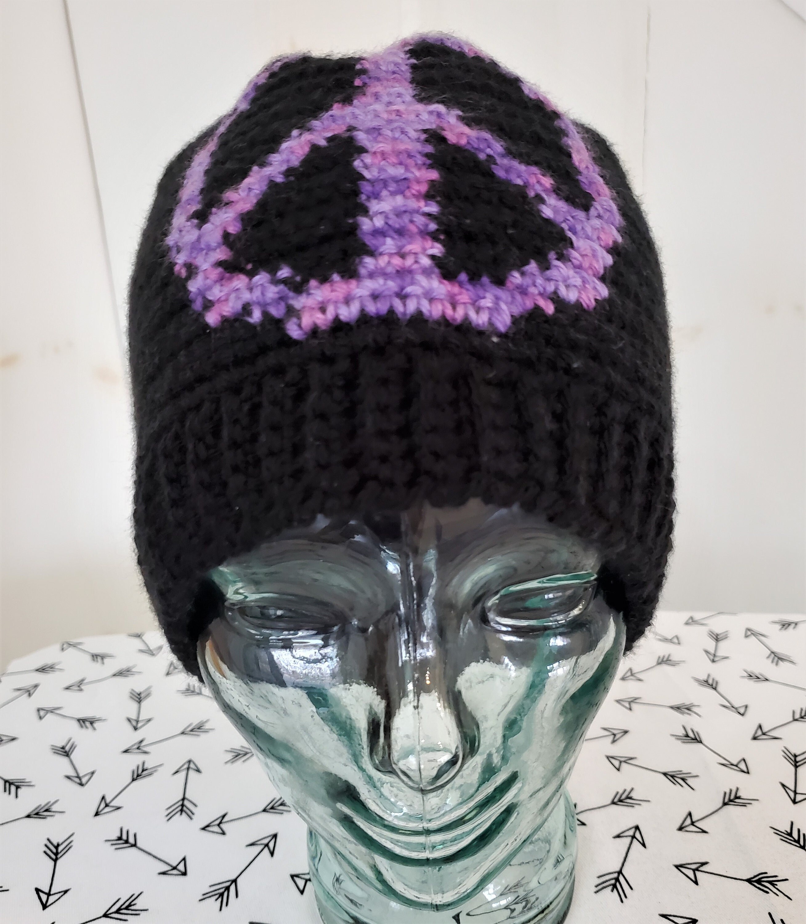 Peace Sign Crochet Hat Black and Purple 