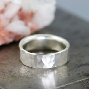 Mans Sterling Silver Wedding Ring 7mm Wide Hammered Band for Men Handmade Recycled Metal Comfort Fit Ring Made to Order in Your Size image 1