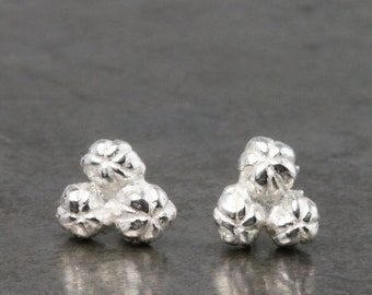Tiny 14k White Gold Triple Bud Stud Earrings - Solid Gold Small Studs with Natural Detail for Gardeners or Nature Lovers - Made to Order