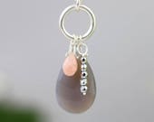 SALE - Charm Necklace with Gray Chalcedony, Pink Peruvian Opal, Hematite - Sterling Silver Long Gemstone Drop Circle Pendant - Ready to Ship