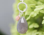 SALE - Sterling Silver Long Gemstone Circle Pendant w Gem Drop - Charm Necklace with Black Chalcedony and Pink Peruvian Opal - Ready to Ship