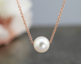 Colgante de oro rosa de 14 k con perla de agua dulce cultivada en blanco - collar de cadena de cable de oro delicado - cadena delgada de perla única - listo para enviar