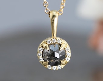 Black Salt and Pepper Rose Cut Diamond Pendant with White Diamond Halo - Your Choice of Solid Yellow Gold or Plated Chain - Made to Order