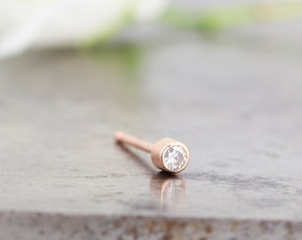 Single Tiniest 14k Rose Gold Moissanite Stud Earring - One Unisex Bezel Set Tiny Diamond Alternative Stud - Recycled Gold - READY TO SHIP