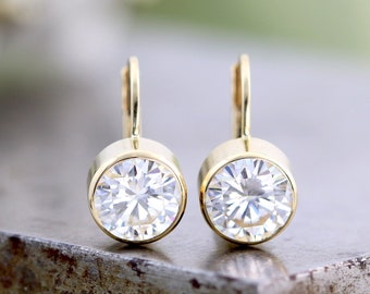 14k Yellow Gold Lever Back Clip Earrings with Bezel Set Large 7mm White Moissanite - White Diamond Alternative Gemstones - Made to Order
