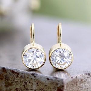 14k Yellow Gold Lever Back Clip Earrings with Bezel Set Large 7mm White Moissanite White Diamond Alternative Gemstones Made to Order image 1
