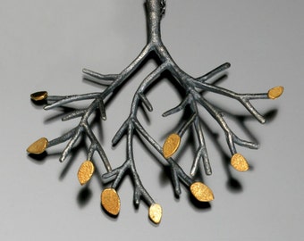 Blackened Sterling Silver Tree Pendant with 24 Karat Gold Leaves - Mixed Metal Tree of Life Art Jewelry Statement Necklace -Made to Order