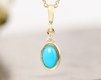 14k Yellow Gold Turquoise and Diamond Pendant - Natural Robins Egg Blue Turquoise Oval Cabochon with Tiny White Diamond - READY TO SHIP