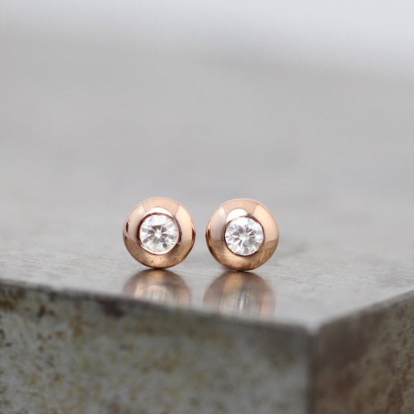 Pair of Tiny Rose Gold Diamond Stud Earrings - Smooth Diamond Unisex Small Shiny Lentil Studs - Recycled Solid 14k Rose Gold - READY TO SHIP