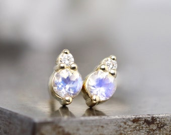 Two Stone Diamond and Moonstone Stud Earrings - Small Blue Flash Moonstone Gem Everyday Luxury Studs - Modern Classic Design - Made to Order