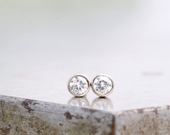 Pair of Tiniest White Gold Diamond Stud Earrings - Bezel Set Diamond Unisex Stud - Recycled 14k White Gold Tiny Modern Studs - READY TO SHIP