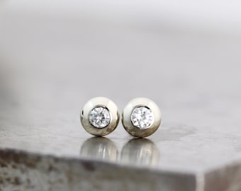 Pair of Tiny White Gold Moissanite Stud Earrings - Smooth Diamond Alternative Lentil Studs - Recycled Solid 14k White Gold - READY TO SHIP