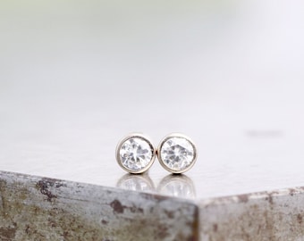 Pair of the Tiniest White Gold Moissanite Stud Earrings - Bezel Set Tiny Diamond Alternative Studs - Recycled 14k Gold - READY TO SHIP