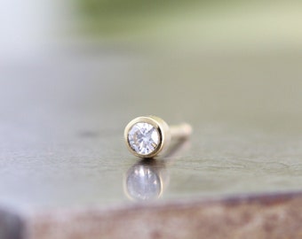 Single Tiniest 14k Yellow Gold Moissanite Stud Earring - One Unisex Bezel Set Tiny Diamond Alternative Stud - Recycled Gold - READY TO SHIP