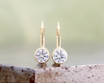 14k Yellow Gold Lever Back Earrings with Moissanite - Small Petite Round Bezel 4.5mm Diamond Alternative Gemstone Earrings - Ready to Ship