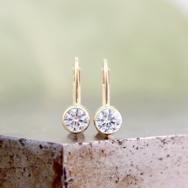 14k Yellow Gold Lever Back Earrings with Moissanite - Small Petite Round Bezel 4.5mm Diamond Alternative Gemstone Earrings - Ready to Ship