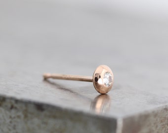 Single Tiny Rose Gold Diamond Stud Earring - Smooth Small Shiny Diamond Lentil Everyday Stud - Recycled Solid 14k Rose Gold - READY TO SHIP