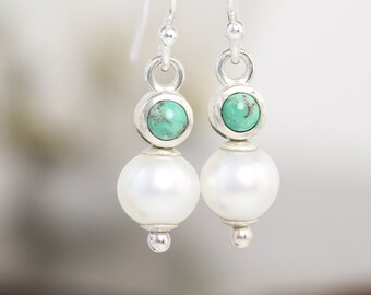 Small White Round Freshwater Pearl and Tibetan Turquoise Drop Earrings - Sterling Silver Gemstone Dangle Earrings - READY TO SHIP