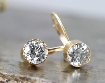 14k Yellow Gold Lever Back Earrings with 6mm Gray Forever Classic Moissanite - Grey Diamond Alternative Gemstones in Bezels - READY TO SHIP