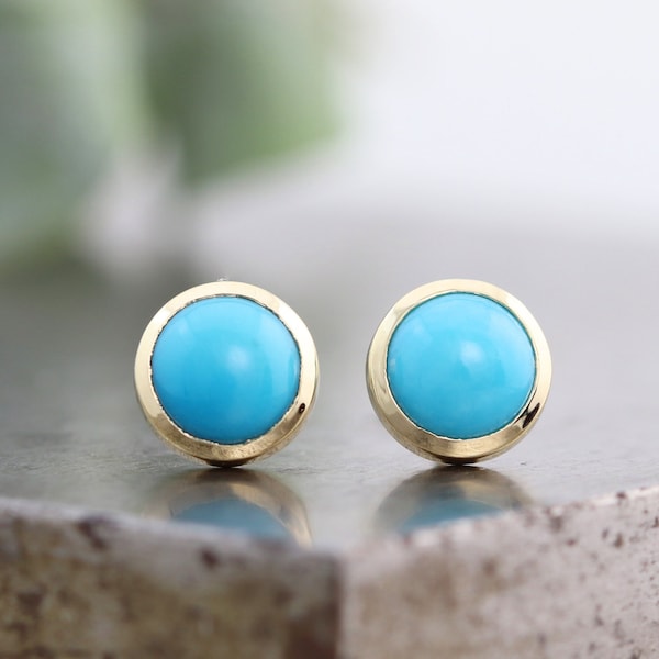 6mm Smooth Robins Egg Blue Turquoise Stud Earrings - Small Natural Round Gemstone Cabochon Stud in 14k Yellow Gold Bezels - Made to Order