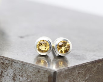 Sterling Silver Citrine Stud Earrings - Pair of Thick Walled Bezel Studs - November Birthstone Jewelry - Yellow Gemstone Stud -READY TO SHIP