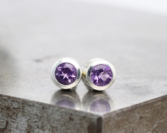 Sterling Silver Amethyst Stud Earrings - Pair of Thick Walled Bezel Studs - February Birthstone Jewelry - Purple Gemstone Stud-READY TO SHIP