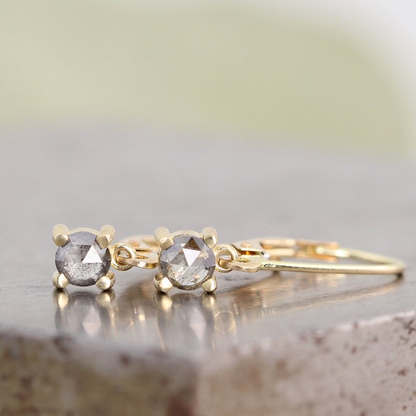 Light Salt and Pepper Rose Cut Diamonds in 14k Yellow Gold Lever Back Earrings - Modern Prong Setting Diamond Dangle Earrings -Ready to Ship