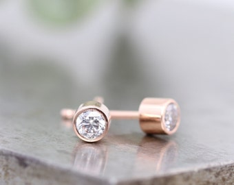 3mm Moissanite Stud Earrings - 14k Rose Gold Diamond Alternative Studs - Small Second Piercing or Unisex Everyday Earring - READY TO SHIP