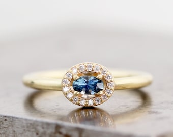 14k Yellow Gold Engagement Ring with Diamond Halo and Blue Oval Montana Sapphire - Smooth Round Petite Band - Size 7.5 - READY TO SHIP
