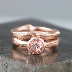 14k Rose Gold Twig Wedding Set with Chatham Champagne Sapphire Bezel Set Lab Grown Gem Engagement, Wedding Band Bridal Set Made to Order image 1