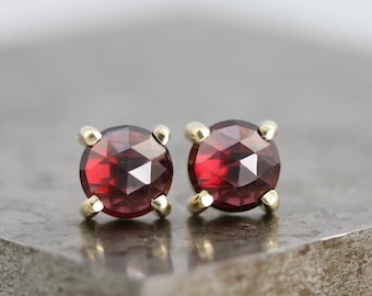 14k Gold Stud Earrings with Rose Cut Rhodolite Garnet - 6mm Faceted Natural Red Gemstone Studs - January Birthstone Gift - READY TO SHIP